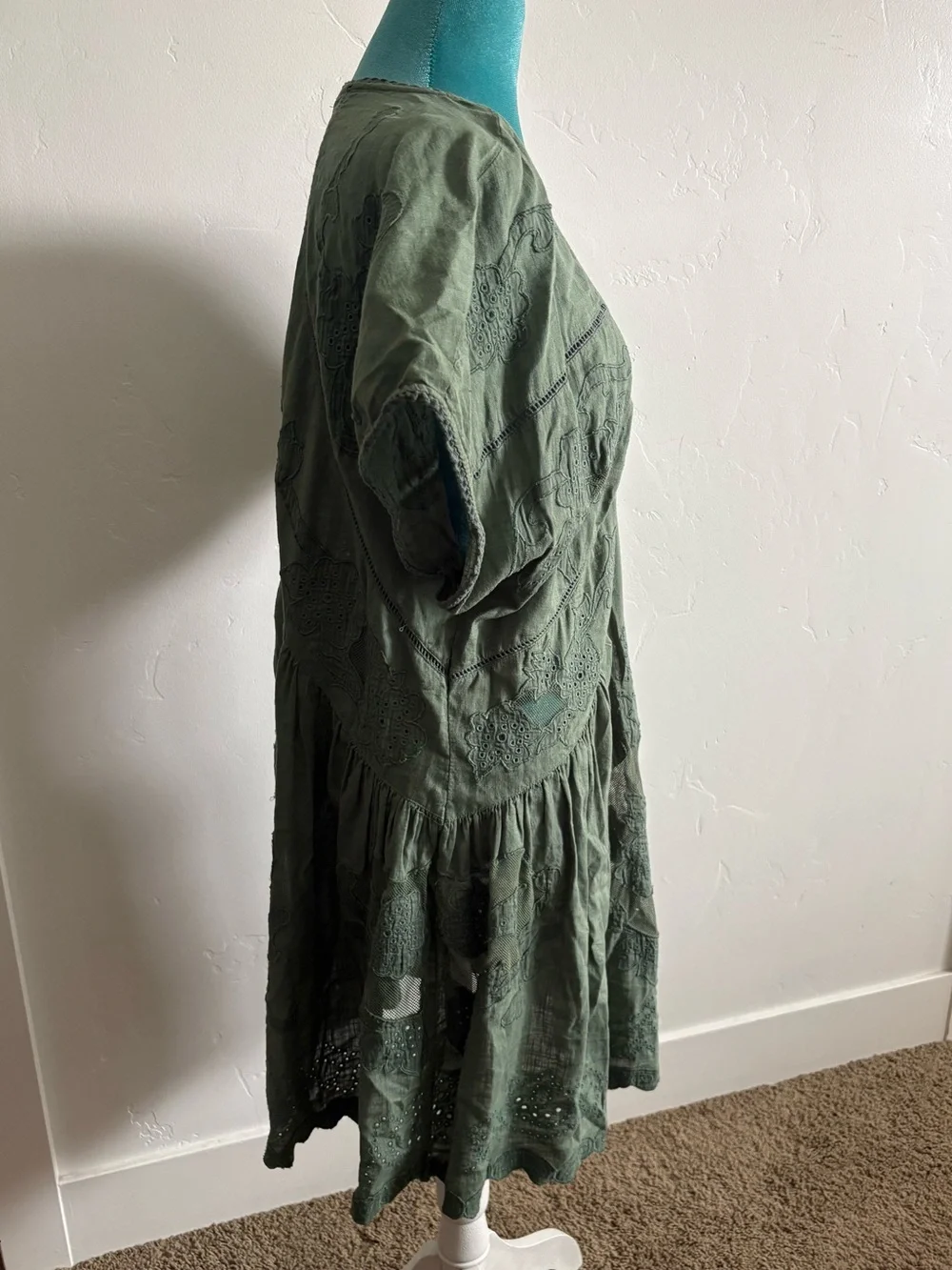 Free People Olive Green Embroidered Eyelet Boho Mini Dress Size L